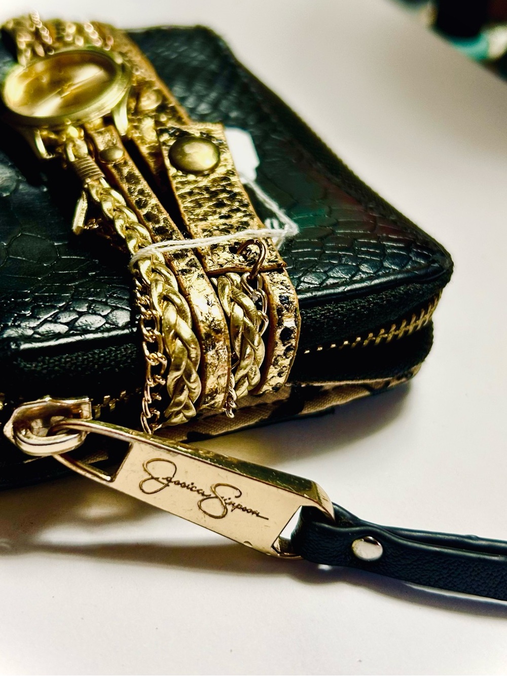 Jessica Simpson Smart Wallet & Gold Leather Wrap Bracelet Wristlet